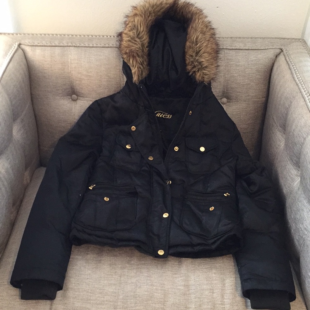 Guess Fur Hooded Jacket black with Gold Accents